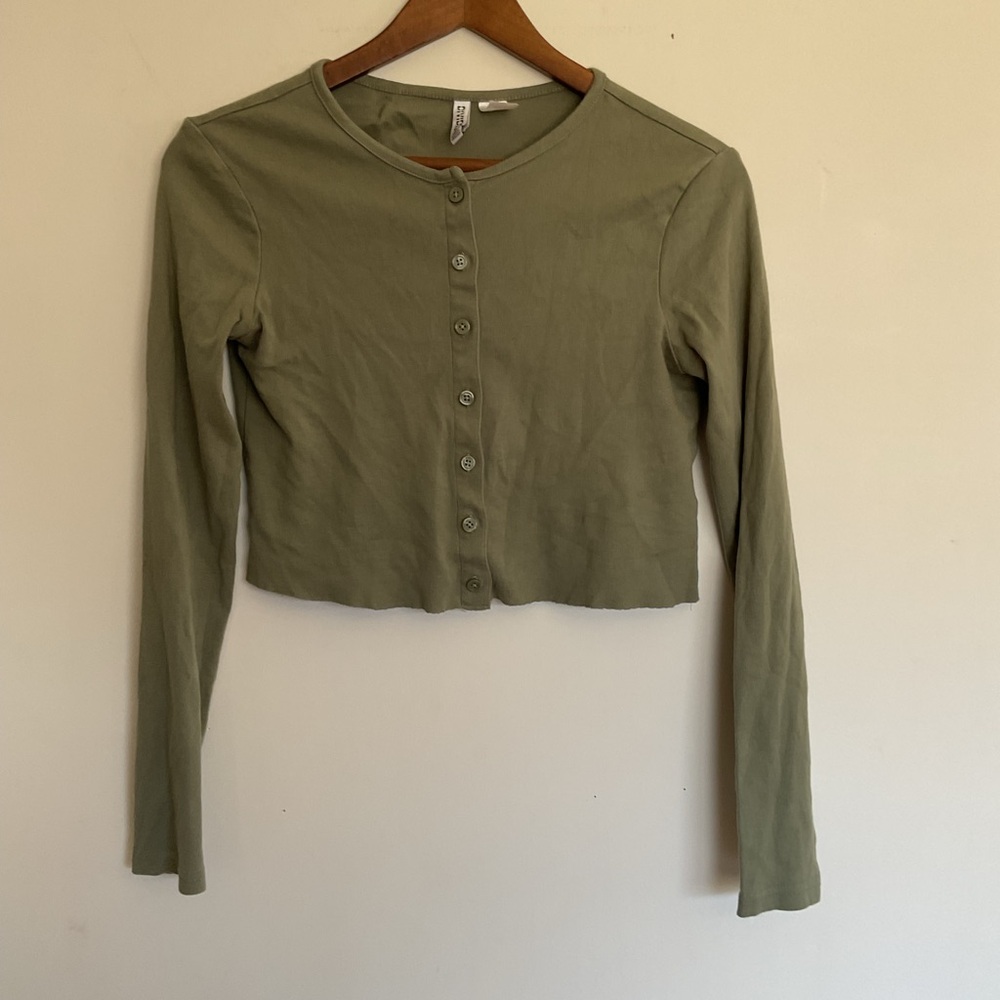 Green Cotton Long Sleeve Crop Cardigan